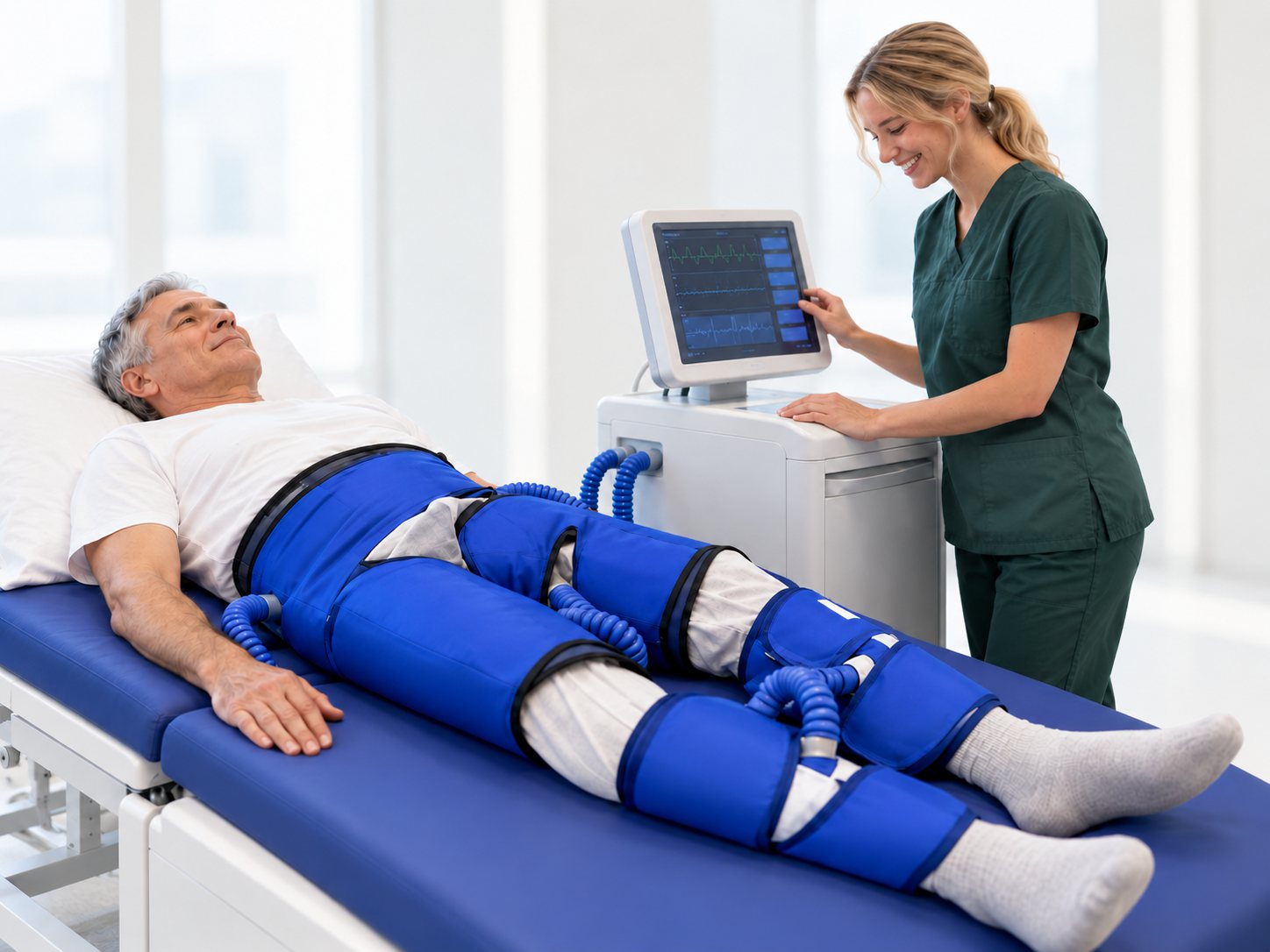 EECP-Sitzung bei Cardio Pulse: Patient auf der Liege mit Manschetten, Fachkraft am Gerät