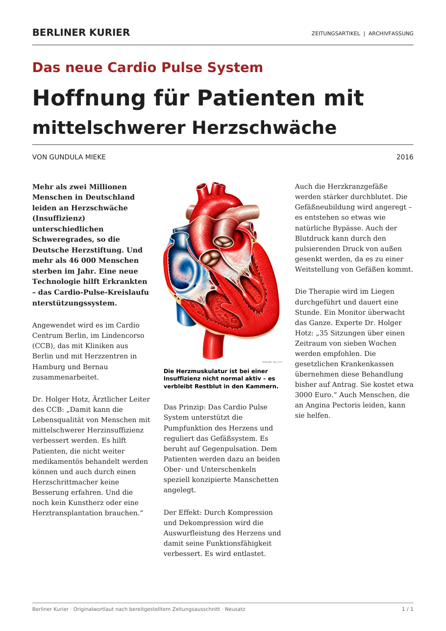 Berliner Kurier: Hoffnung bei mittelschwerer Herzschwäche, Titelseite des Artikels